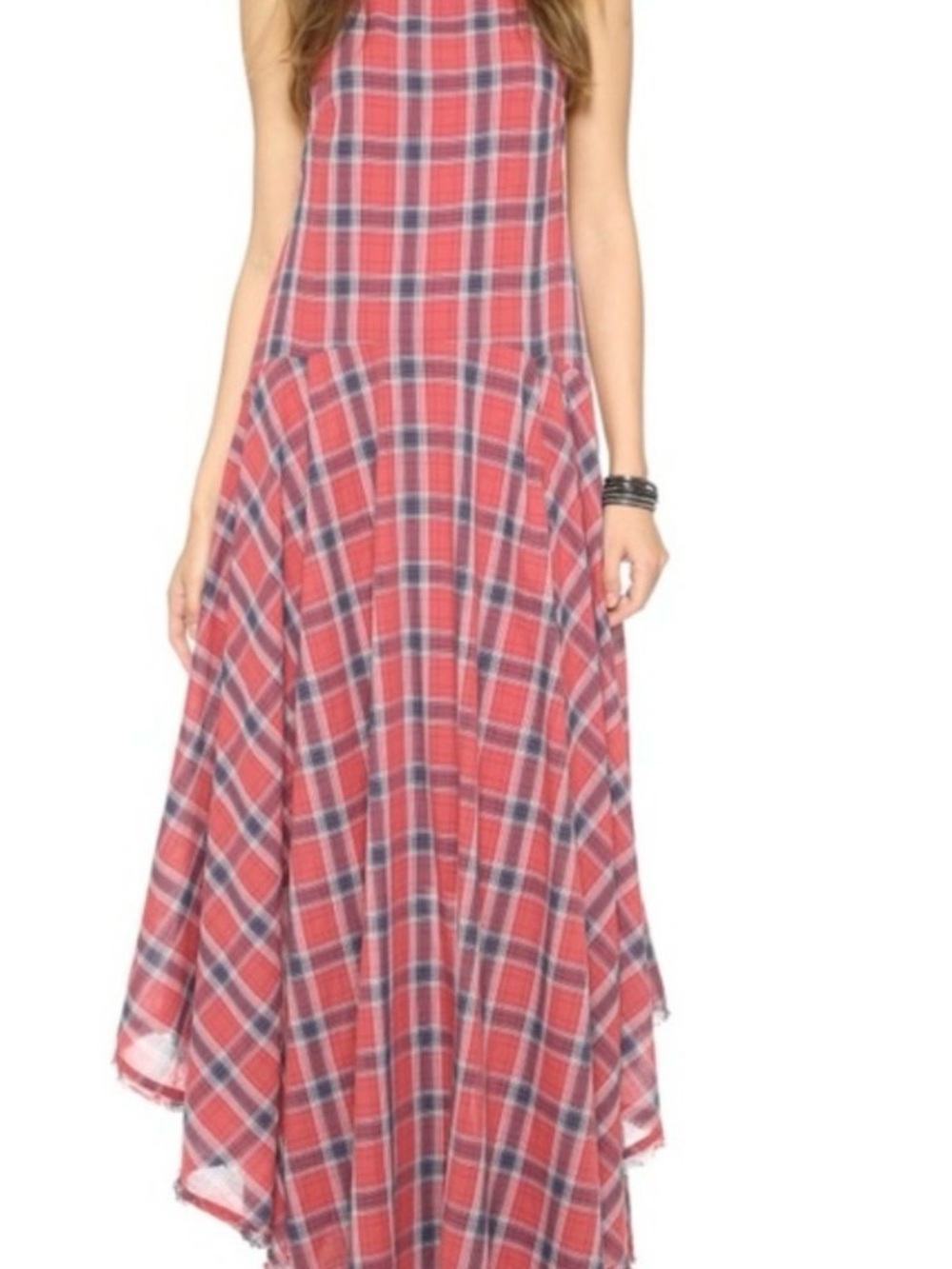Free People French Riviera Plaid Maxi Dress with Flowy Handkerchief Hem RARE HTF